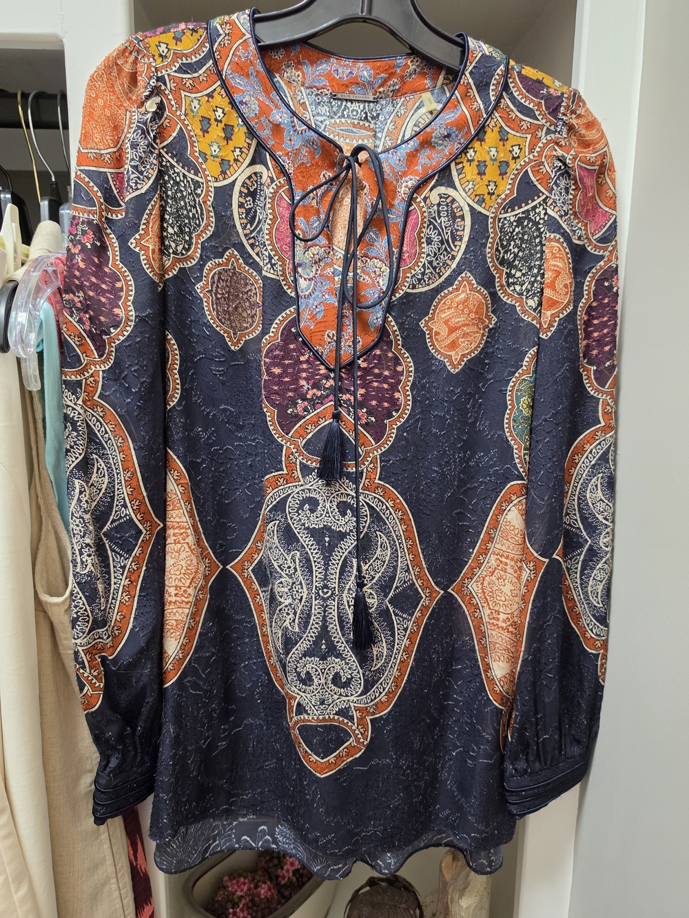 Elie Tahari Navy Boho Paisley Tie-Neck Tunic with Orange Accents